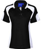 A black and white polo shirt featuring a collar and short sleeves, with a logo on the front.
