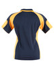 A women's polo shirt featuring navy blue and yellow panels, displaying a sporty design and a logo on the back.