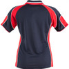 A ladies' polo shirt featuring a navy body with red and white accent panels and a logo.