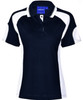 A navy and white polo shirt with short sleeves and a collar, featuring a branding logo.
