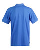 A blue men's polo shirt featuring short sleeves and a collar, with a brand logo on the back.