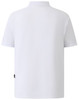 A white men's polo shirt with a collar and short sleeves, featuring a logo on the back.