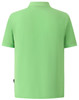 A green polo shirt with short sleeves and a collar, featuring a branding logo.