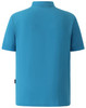 A bright blue men's polo shirt featuring a collar and short sleeves, with a branding logo on the back.