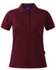 A red ladies' polo shirt with a collar, short sleeves, and a logo on the side.