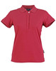 A red ladies' polo shirt with a collar, short sleeves, and a logo on the side.