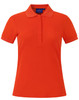 An orange Ladies' Connection Polo shirt with a classic collar and rolled sleeves, featuring a branding logo.
