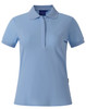 Light blue ladies' polo shirt with a collar and short sleeves. The shirt features a logo on it.