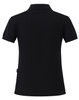 A black ladies' polo shirt featuring a classic design and a collar, with a logo on the back.