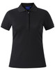 A grey ladies' polo shirt with a collared neckline and short sleeves, featuring a logo on the chest.