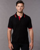 A black polo shirt with red collar and sleeve stripes, featuring a logo on the chest.