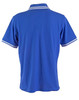 A blue polo shirt featuring contrast white trim on the collar and sleeves. Includes a logo on the front.