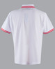 A white polo shirt featuring red striped detailing on the collar and sleeves. It has a logo on the front.