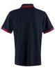 A navy blue polo shirt featuring red stripes on the collar and sleeves, with a logo on the chest.