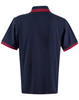 A navy polo shirt with red trim on the collar and sleeves, featuring a logo on the front.