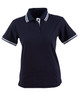 A navy blue ladies' polo shirt with white striped detailing on the collar and sleeves, featuring a logo.