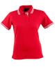 A red ladies' polo shirt with white stripes on the collar and sleeves, featuring a logo on the chest.