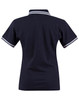 A dark navy polo shirt with white striped accents on the collar and sleeves, featuring a branding logo.