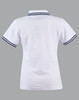 A white polo shirt with a fitted design and navy stripes on the collar and sleeves, featuring a logo.