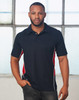 A black polo shirt with red and white detailing, featuring a logo on the chest.