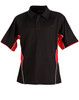 A black polo shirt with red and white detailing, featuring a collar and short sleeves. It has a logo.