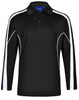 Men's long sleeve polo shirt in black with white side stripes and a collar. Features a logo on the chest.