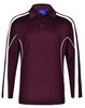 A men's long sleeve polo in burgundy with white side accents and a collar. Features a logo on the chest area.