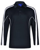 A black long sleeve polo shirt with white side stripes and a collar, featuring a logo.