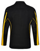 A black long sleeve polo shirt with yellow accents and a logo on the chest area. Features mesh panels on the sleeves.