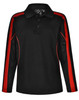 A black long sleeve polo shirt with red side panels and a collar. It features a logo on the upper front.