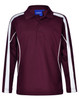 A maroon long sleeve polo shirt featuring white side stripes and a collar, with a logo on the chest.