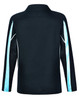 A black long sleeve polo shirt with light blue accents and a logo on the back.