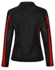 A black long sleeve polo shirt featuring red accents and mesh detailing, with a small logo.