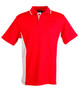 A red and white polo shirt featuring short sleeves and a collar, with a logo on the chest.