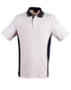 A white polo shirt with navy contrast panels and a collar. Features a logo on the chest.