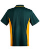 A green and yellow kids' polo shirt with a contrasting design and a logo on the chest.