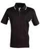 A black and white polo shirt with short sleeves, featuring a collar and a logo.