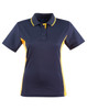 A navy and yellow ladies' polo shirt featuring short sleeves and a collar, with a logo on the front.