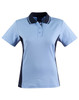 A light blue short-sleeve polo shirt with navy side panels and a collar, featuring three buttons and a logo.