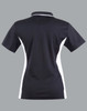 A black and white ladies' polo shirt with a contrast design and a classic collar, featuring a logo.