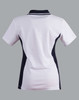 A ladies' polo shirt in white with navy contrast accents, featuring a collar and short sleeves. It has a logo detail.
