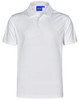 A white men's polo shirt made from Cooldry textured fabric, featuring a collar and a logo on the label.