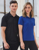 A textured polo shirt in black for men and a blue polo shirt for women, both with logos.