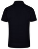 A black textured polo shirt featuring a collar and short sleeves, with a logo on the back.
