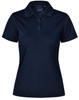 A navy textured polo shirt for ladies featuring a collar, three buttons, and a logo.