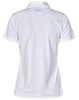 A white women's polo shirt with a textured fabric and a collar, featuring a branding logo.