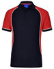 A tri-colour polo shirt featuring black, red, and white accents, with a collar and a logo.