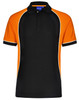 A black and orange kids' polo shirt with a collar, featuring contrasting white piping and a logo.