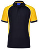 A tri-colour polo shirt featuring black, yellow, and white panels, with a collar and short sleeves, has a logo on the chest.