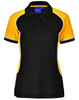 A black and yellow ladies' polo shirt with short sleeves and a collar, featuring a logo.